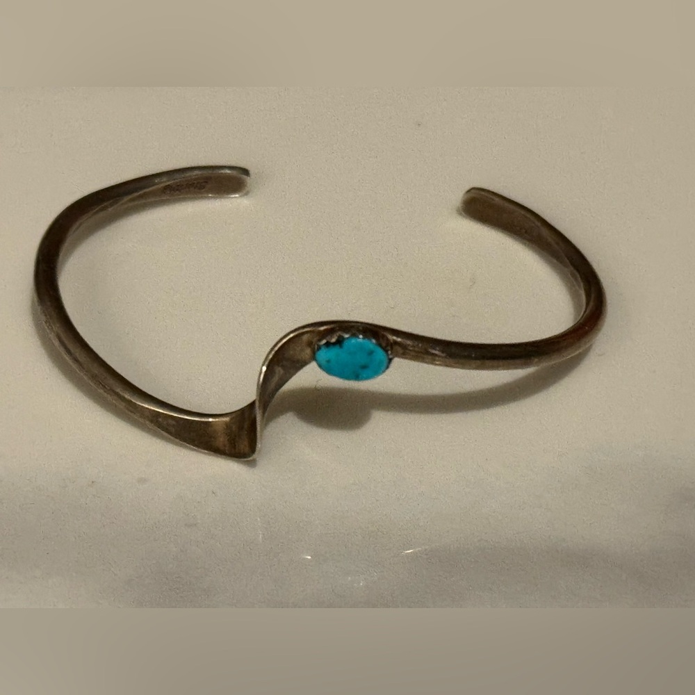 Native American Silver Cuff Bracelet with Turquoise Stone- fits wrist 5 3/4-6